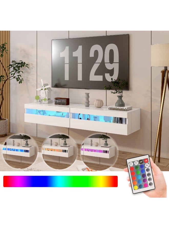 160cm Floating TV Stand with LED Lights, Wall Mounted Entertainment Center with Storage Shelf, Modern White TV Unit for Living Room Bedroom（DSG054） - Image 1